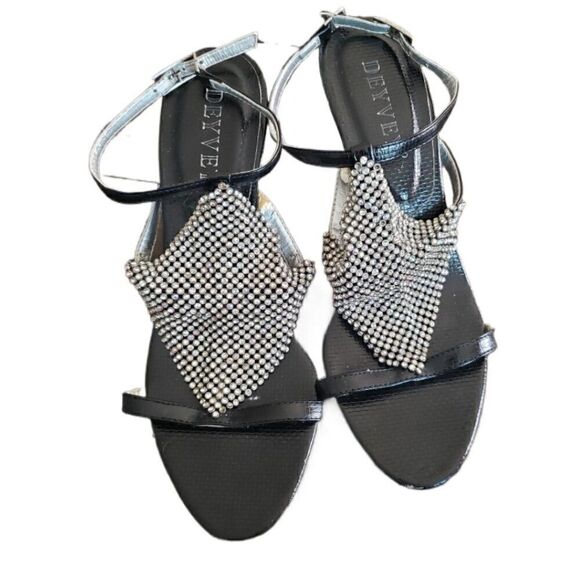 Deyvey Black Rhinestone Slingback Open Toe Heels - Picture 1 of 4
